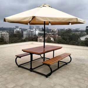 outdoor picnic table with parasol