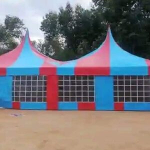 red & blue outdoor event tent with clear window panels